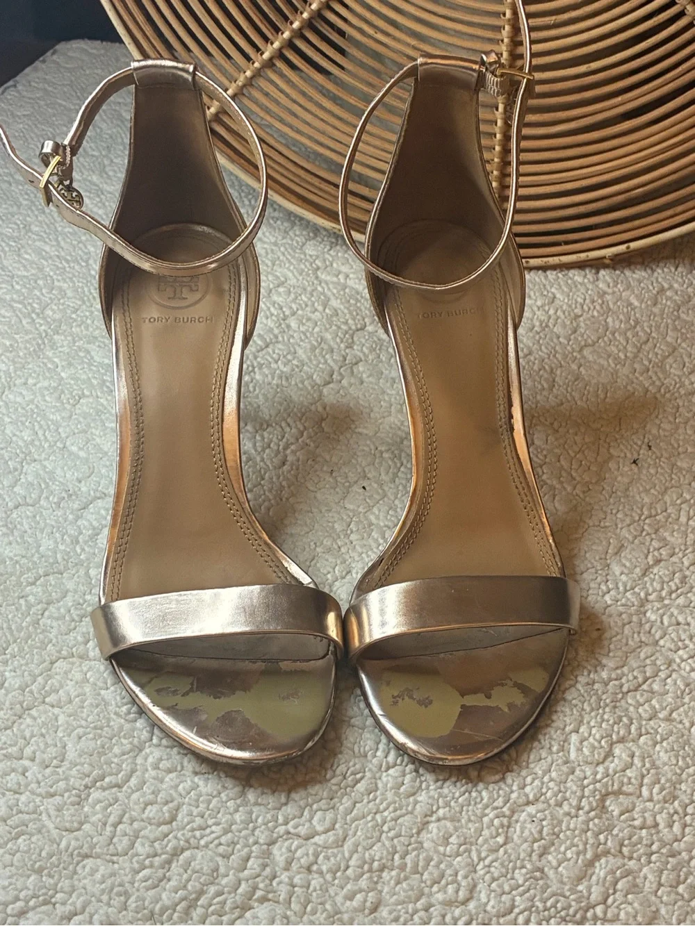 Tory Burch Metallic Gold Ankle Strap Heels Sandals Size 8M Leather Sole